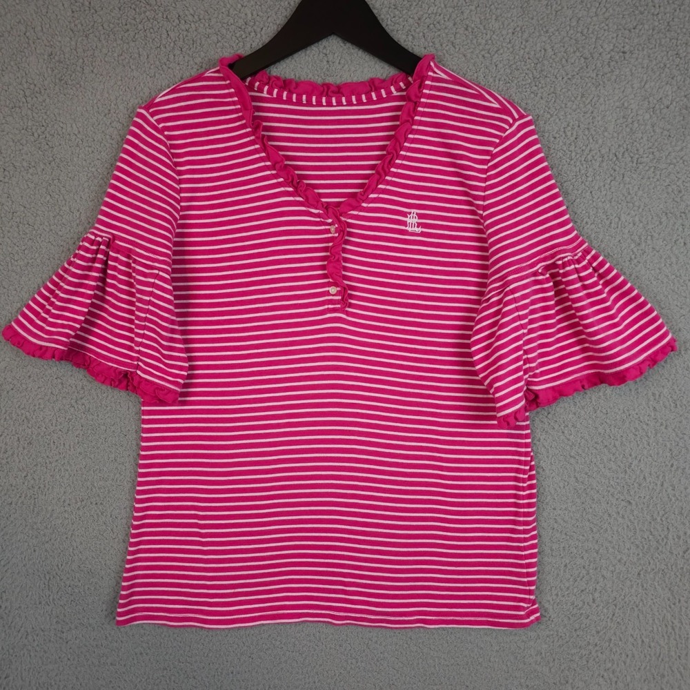 Lauren Ralph Lauren Shirt Women Large Pink White Striped Ruffled Bell Sleeve Top
